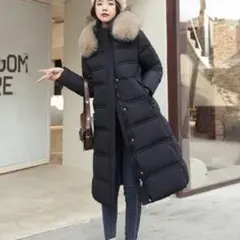 Mサイズ ロングダウンコート 中綿 ボリューム ファー付き ブラック 555Y