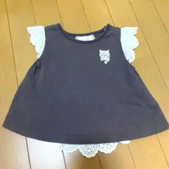 petit main フリル袖　ネコ刺繍Tシャツ 90