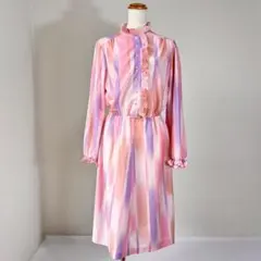 ヴィンテージ フリルデザイン ストライプ ロングワンピース Y1006