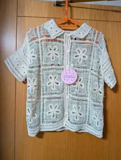 150cmしまむらBEGUMクロシェ編み半袖シャツミントグリーン透かし編み