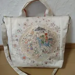 帯リメイク外ポケット付き大きめ2ウェイバッグ(アイボリー地刺繍柄)