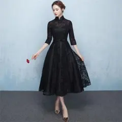 【GW限定価格】ブラック　チャイナドレス　総レース　七分袖　詰襟　パーティー