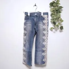 デイリートピックス　レース装飾付きライトブルーショートデニムパンツ　M