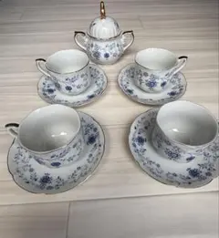 昭和レトロ ティーカップセット 花柄 金縁 4客＋ソーサー＋シュガーポット