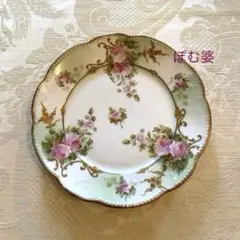 【AK Limoges／リモージュ】金彩 金盛 手描き／皿「ピンクローズ」 AK Limoges／リモージュ】金彩 金盛 手描き／皿「ピンクローズ