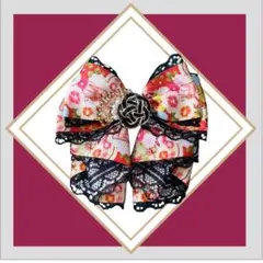 花柄リボンヘアアクセサリー　黒レースリボン　浴衣　甚平　着物　扇子　水引き