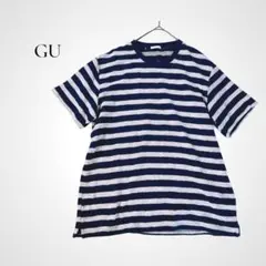 GU メンズ ボーダー コットン Tシャツ XL ネイビー×グレー クルーネック