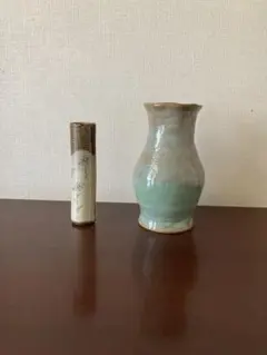 一輪挿し(益子焼) 青緑色陶器花瓶 中型　セット