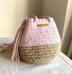 麻紐&tシャツヤーン　巾着ショルダーバッグ　かごバッグ風　ピンク