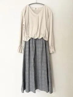 【美品】ワンピース ウエストゴム ベージュ グレー チェック Mサイズ