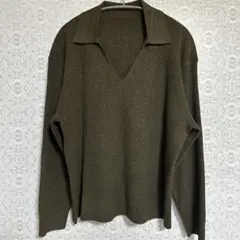 ユニクロ XL リブポロセーター 深緑 オリーブ 襟付き Vネック 長袖ニット