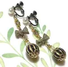 ☆スモーキークォーツとパールとリボンのアンティーク風イヤリング☆パワーストーン