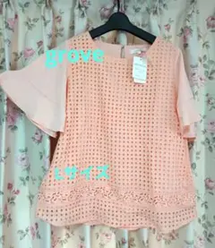 新品♥groveピンク格子柄・半袖フレアスリーブトップブラウスＬ❗️お買い得