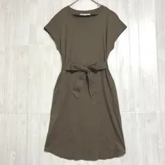 アンタイトル　リボンベルト Vネックワンピース　フレンチスリーブ　茶