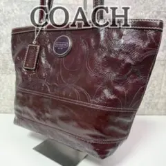 COACH コーチ トートバッグ シグネチャー エナメル ブラウン 裏地パープル