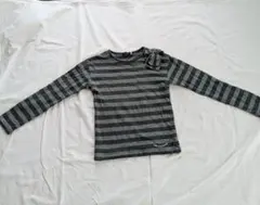 長袖カットソー グレーと緑のストライプ 肩リボン付き