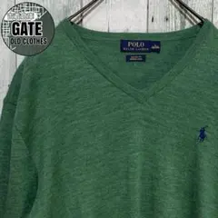 ポロラルフローレン　刺繍ロゴ VネックコットンニットL 緑色　リペアのサムネイル
