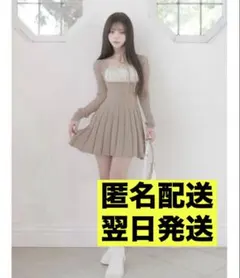 ネックリボンデザインフレアニットミニワンピース