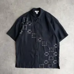 90s〜00s リネンシャツ 刺繍柄 幾何学模様 ブラック 黒のサムネイル