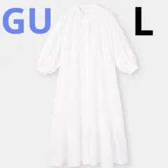 gu バンドカラーシャツワンピース　七分袖　L ホワイト　ワンピース