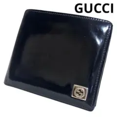 美品　グッチ　折り財布　エナメル　ブラック　金属インターロッキングG　フラップ