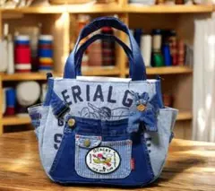 デニムリメイク サイドポケット付きバッグ オーバーオールチャーム付き S-116