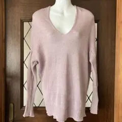 麻100%薄紫 Vネック ニットセーター 長袖フリーサイズ