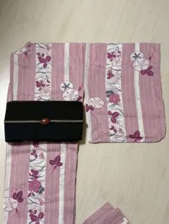 高級【撫松庵】綿 浴衣 単品 縦縞に朝顔 花柄 ピンク 身丈160 裄65のサムネイル