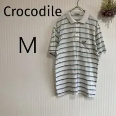 【クロコダイル】 半袖 ポロシャツ（Ｍ）刺繍ロゴ ハーフボタン 薄手 ボーダー