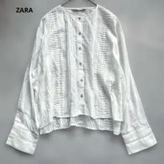 ZARA レディース ホワイト プリーツデザイン ノーカラー長袖シャツ ゆったり