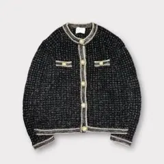 ヴィンテージ　ノーカラーニットジャケット 金糸　黒　アーカイブ