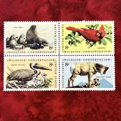 外国切手 アメリカ 野生生物保護 ① 未使用 田型4種完 1970年 ヒンジ