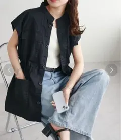 ディスコート スタンドネックミリタリーベスト ブラック トップス レディース