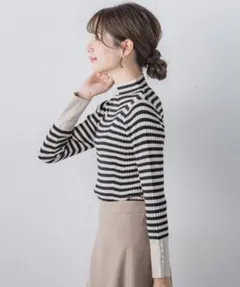 新品タグ付25新作定ヒートハイネックニットプルオーバーBLACKボーダー