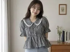 チェック柄ペプラムトップス M フリル