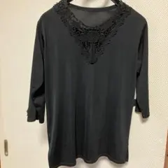 黒 レース装飾 五分袖 トップス