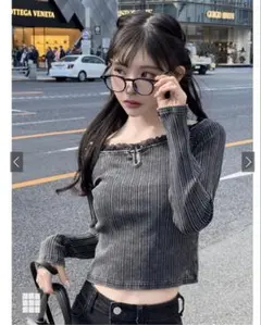 GRL 新品✨️ リブ編みフリル長袖クロップドトップス