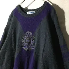 【個性派古着】豪華刺繍　ケーブル編みデザインセーター　メンズＬ　紫×グレー