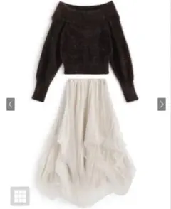 GRL オフショルシャギーニットトップス×チュールスカートセットアップ