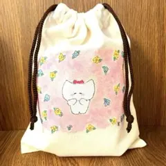 猫 ネコ ねこ 巾着 ポーチ「白猫ちゃんとお花」