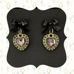 リボン ハート ピアス ブラック パープル ビジュー キラキラ 可愛い ゴールド