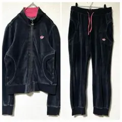 アディダス トラックジャケット セットアップ ベロア ジャージ 刺繍ロゴ M 黒