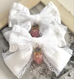 ゆめかわヘアリボンピン　フリルホワイト×サテンホワイト（ミニリボンなしデザイン）