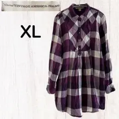 チェック柄 チュニック XL シャツチュニック パープル 長袖 紫 キズ汚れあり