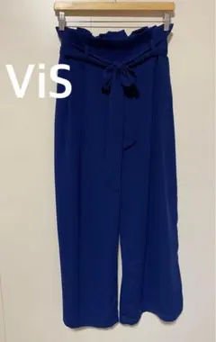 ViS ビス　ネイビー ワイドパンツ イージーパンツ　ウエストゴム　リボン　L