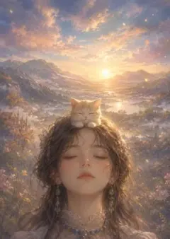【3枚で1200円】☆頭に猫を乗せた少女のアートポスター