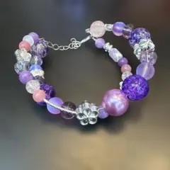 チ*タ様 紫系ビーズ2連ブレスレット フラワーモチーフ