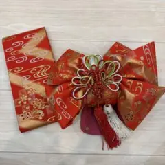 赤色 花柄 結び帯 タッセル付き