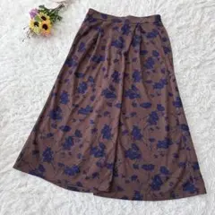 クールシュクレ　花柄ガウチョパンツ　ワイドパンツ　マキシ丈　ブラウン・ネイビーＬ