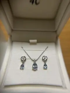 4℃ 雫 アクアマリン ピアスK10/サンタマリア ネックレスPT850ダイヤ付